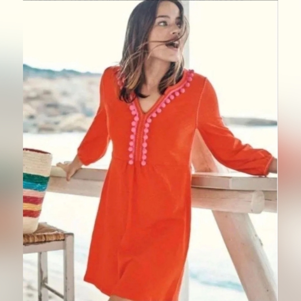 Boden Carina Womens 6 Mini Shirt Dress Red Pink Pom Pom Boho Festival Cotton